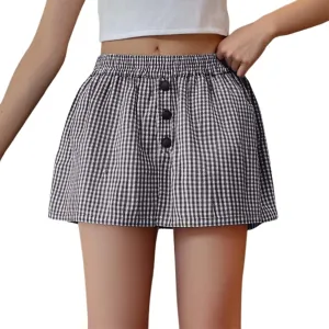 Maxi Skirts for Women Short High Elastic Waist Button Casual Plaid Loose Fit Y2K Mini Skirts Trendy Clothes