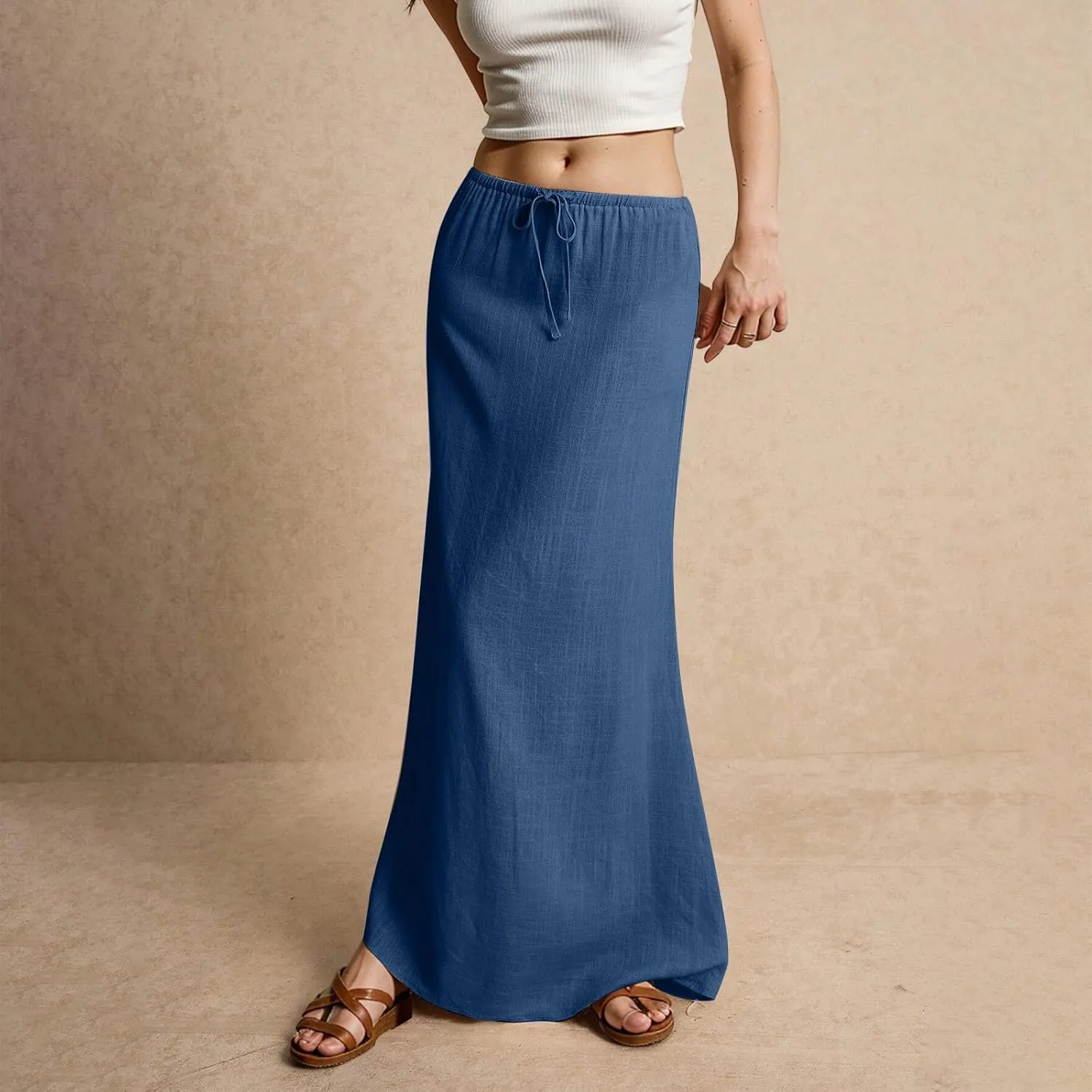 Maxi Skirts for Women Summer Comfy Cotton Linen Long Skirts Casual Low Waisted A Line Skirt Boho Cover Up Beach Skirt