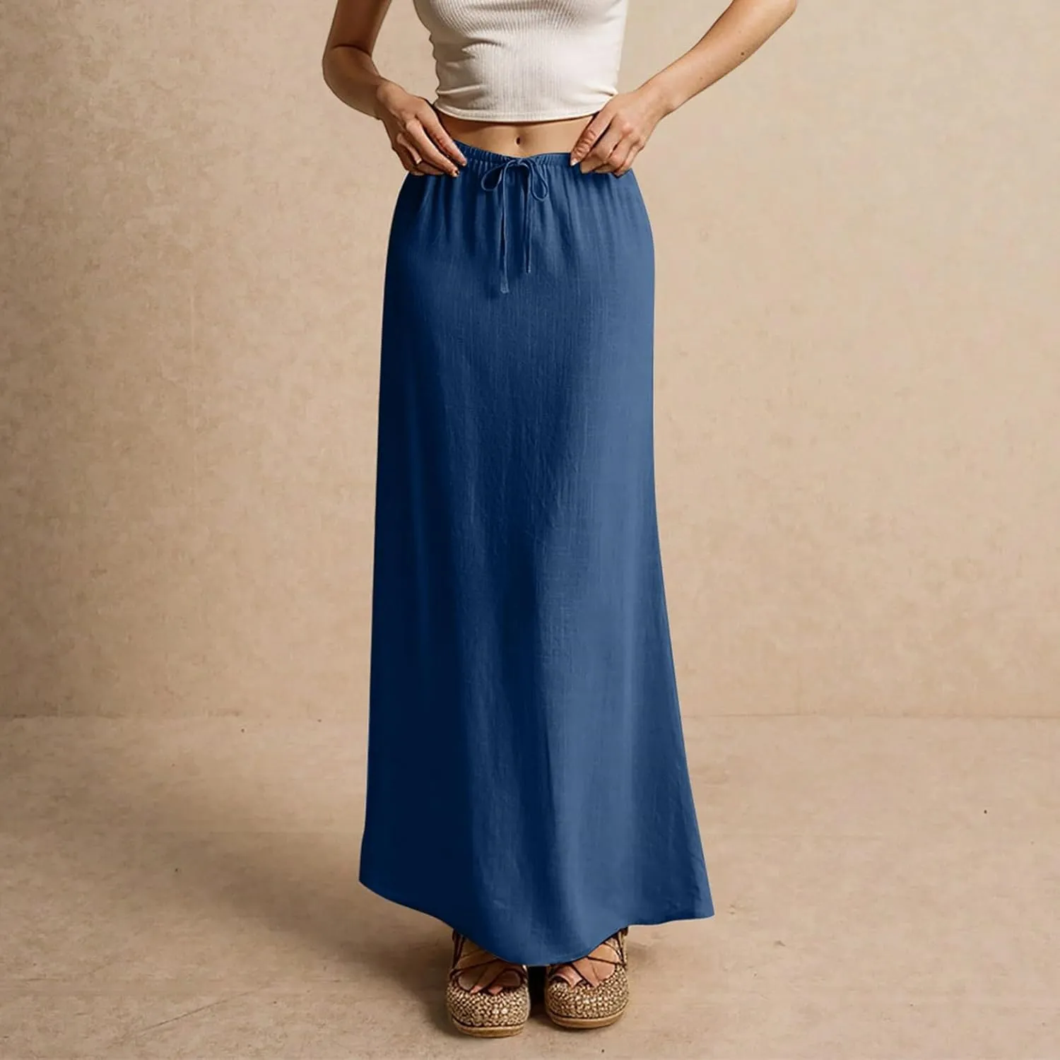 Maxi Skirts for Women Summer Comfy Cotton Linen Long Skirts Casual Low Waisted A Line Skirt Boho Cover Up Beach Skirt