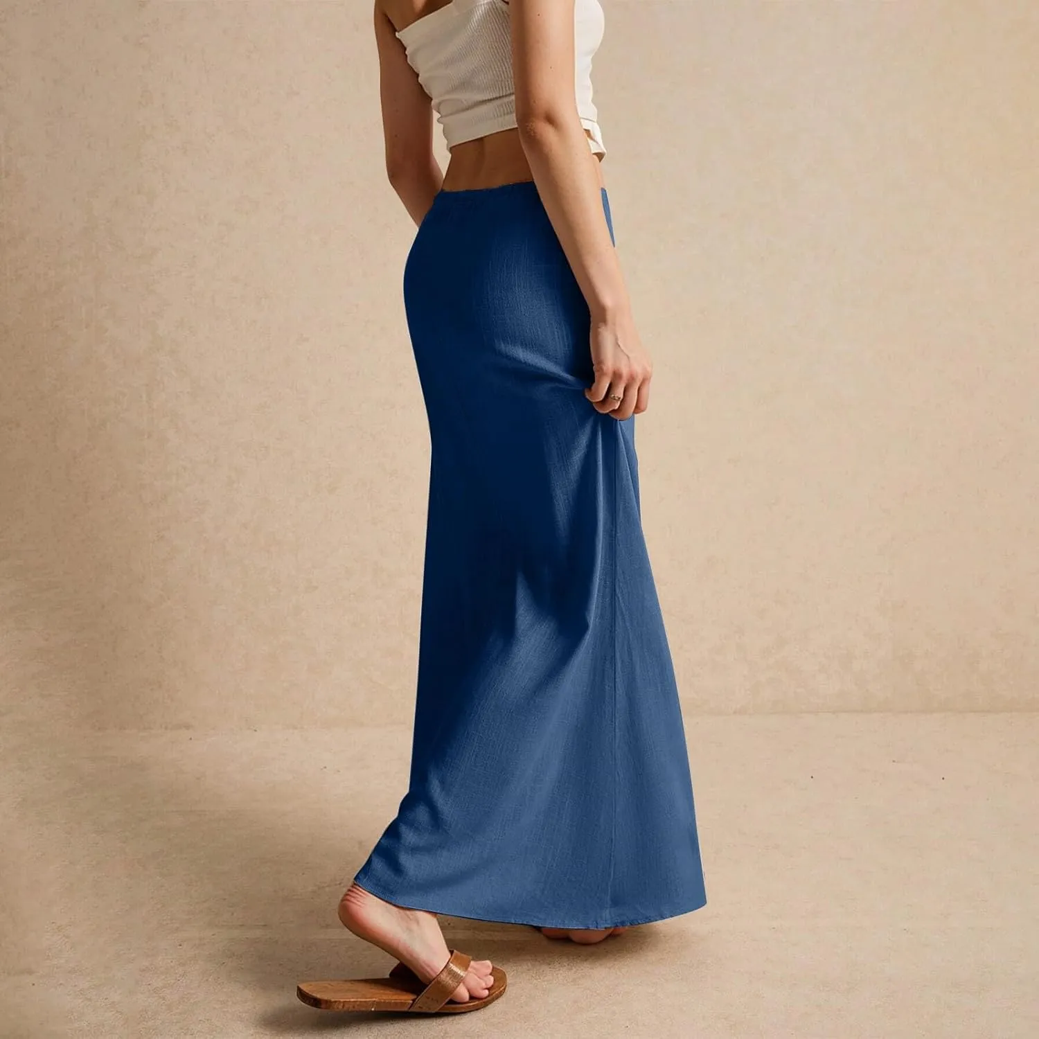 Maxi Skirts for Women Summer Comfy Cotton Linen Long Skirts Casual Low Waisted A Line Skirt Boho Cover Up Beach Skirt