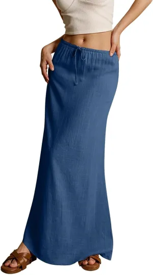 Maxi Skirts for Women Summer Comfy Cotton Linen Long Skirts Casual Low Waisted A Line Skirt Boho Cover Up Beach Skirt