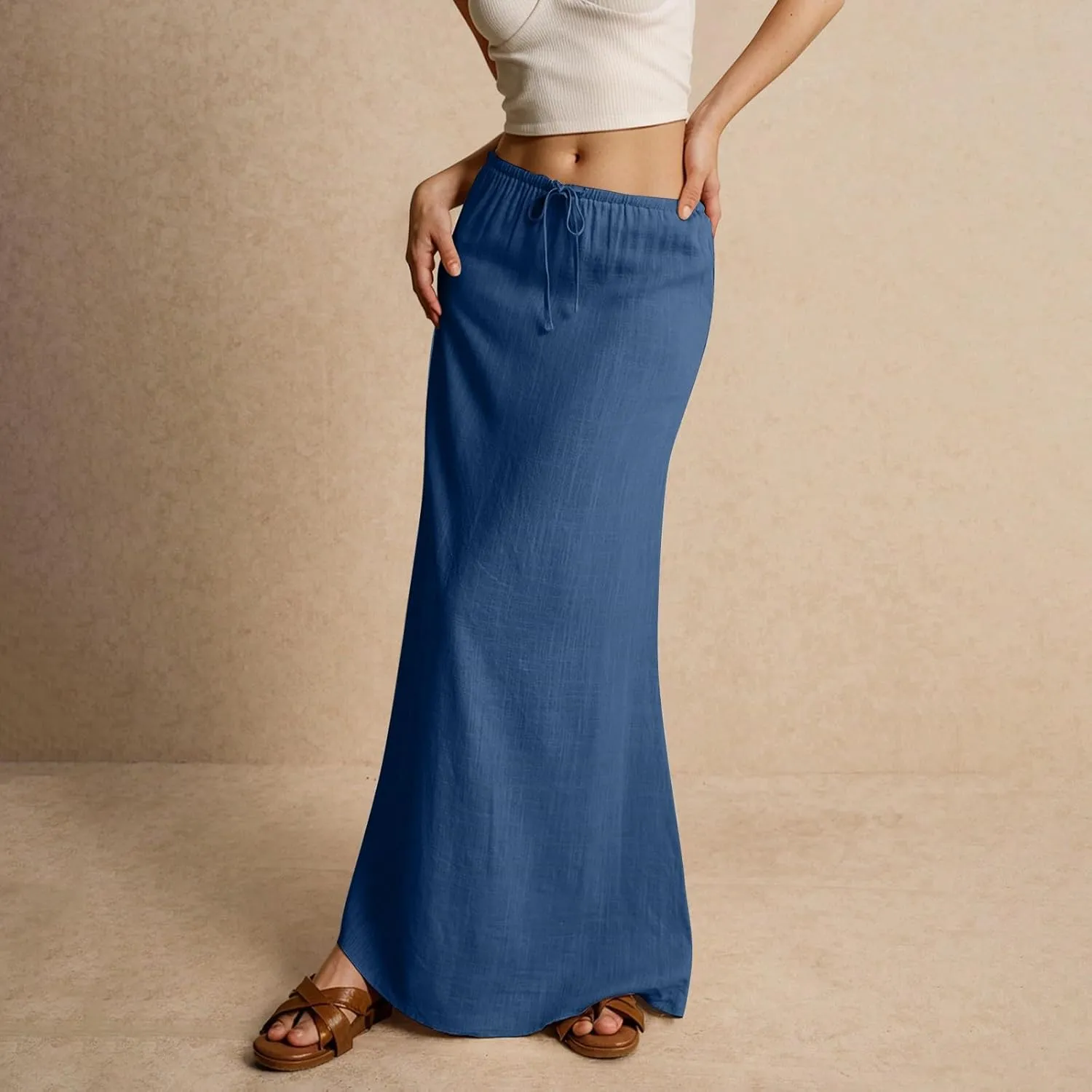 Maxi Skirts for Women Summer Comfy Cotton Linen Long Skirts Casual Low Waisted A Line Skirt Boho Cover Up Beach Skirt