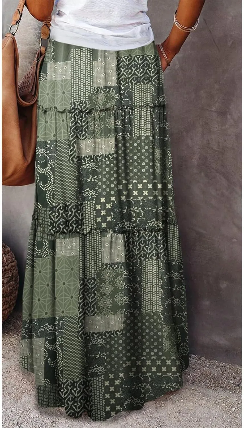 Maxi Skirts for Women Summer Floral Elastic High Waist Drawstring Tropical Skirts Pleated A-Line Tiered Long Skirt