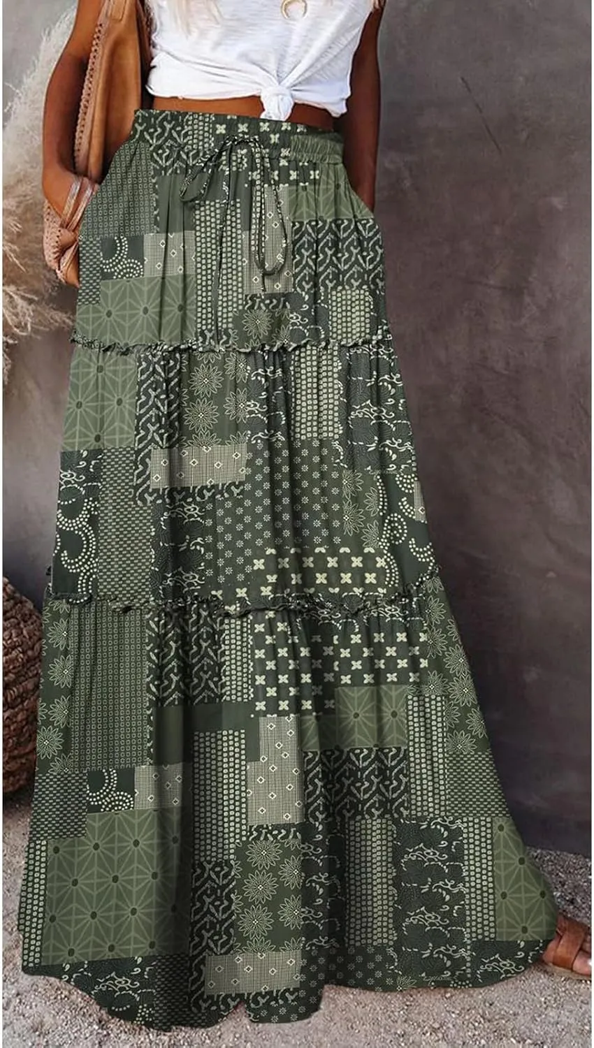 Maxi Skirts for Women Summer Floral Elastic High Waist Drawstring Tropical Skirts Pleated A-Line Tiered Long Skirt