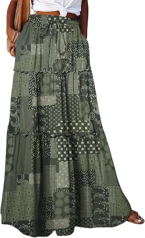 Maxi Skirts for Women Summer Floral Elastic High Waist Drawstring Tropical Skirts Pleated A-Line Tiered Long Skirt