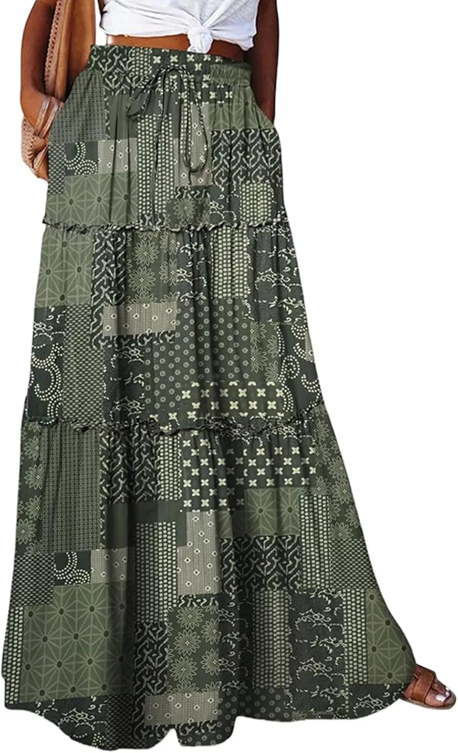 Maxi Skirts for Women Summer Floral Elastic High Waist Drawstring Tropical Skirts Pleated A-Line Tiered Long Skirt