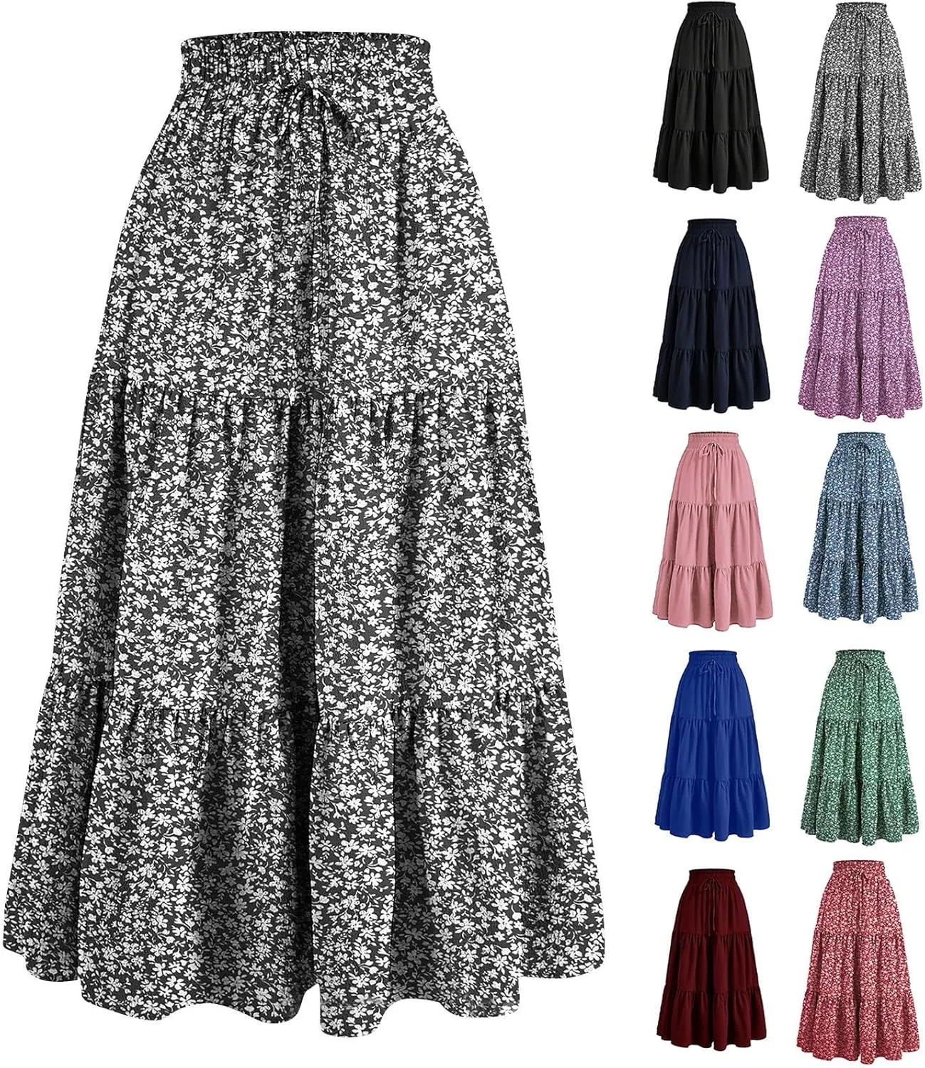 Maxi Skirts for Women Trendy Summer A Line Long Skirt Drawstring High Waisted Tiered Flowy Pleated Skirt with Pockets