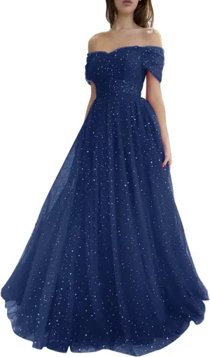 Maxianever Women's Sparkly Starry Tulle Prom Dresses Off Shoulder Long Formal Evening Gowns 2023