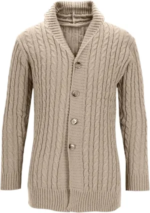 Men Casual Shawl Collar Cardigans Fall Winter Button Down Cable Knitted Mid-Length Cardigan Sweaters Long Sleeve Coat