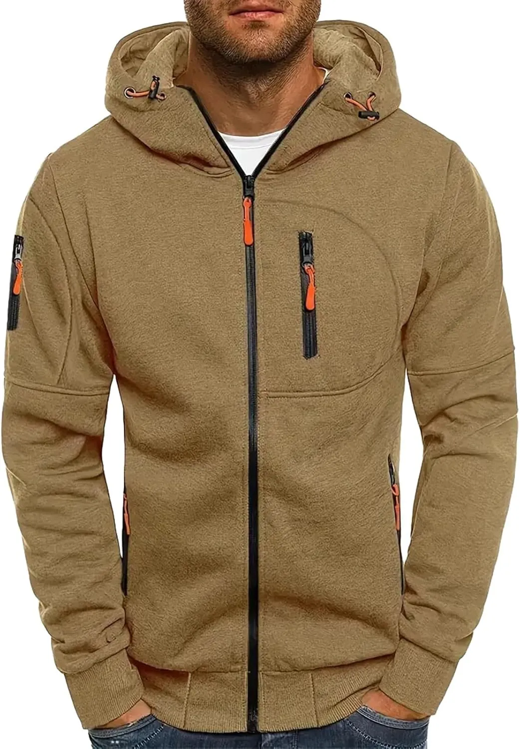 Men Hoodies Casual Hoodies for Men Full Zip Long Sleeve Sweatshirt Sports Hooded Work Jacket Tops with Zip Pockets