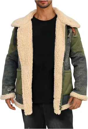 Men Vintage Suede Jacket Plush Collar Coat Faux Leather Jackets Zip Up Motorcycle Retro Outwear Winter Warm Plus Size