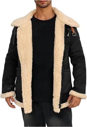 Men Vintage Suede Jacket Plush Collar Coat Faux Leather Jackets Zip Up Motorcycle Retro Outwear Winter Warm Plus Size