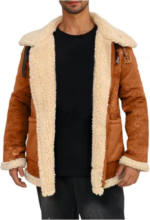 Men Vintage Suede Jacket Plush Collar Coat Faux Leather Jackets Zip Up Motorcycle Retro Outwear Winter Warm Plus Size