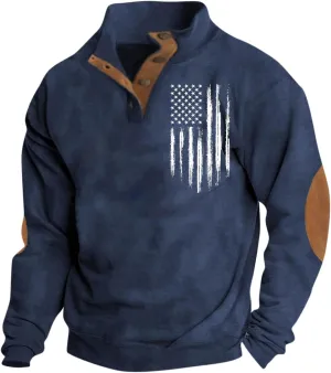 Men's American Flag Graphic Sweatshirts Button Stand Collar Long Sleeve Patriotic Pullover, S-3XL