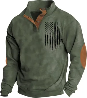 Men's American Flag Graphic Sweatshirts Button Stand Collar Long Sleeve Patriotic Pullover, S-3XL