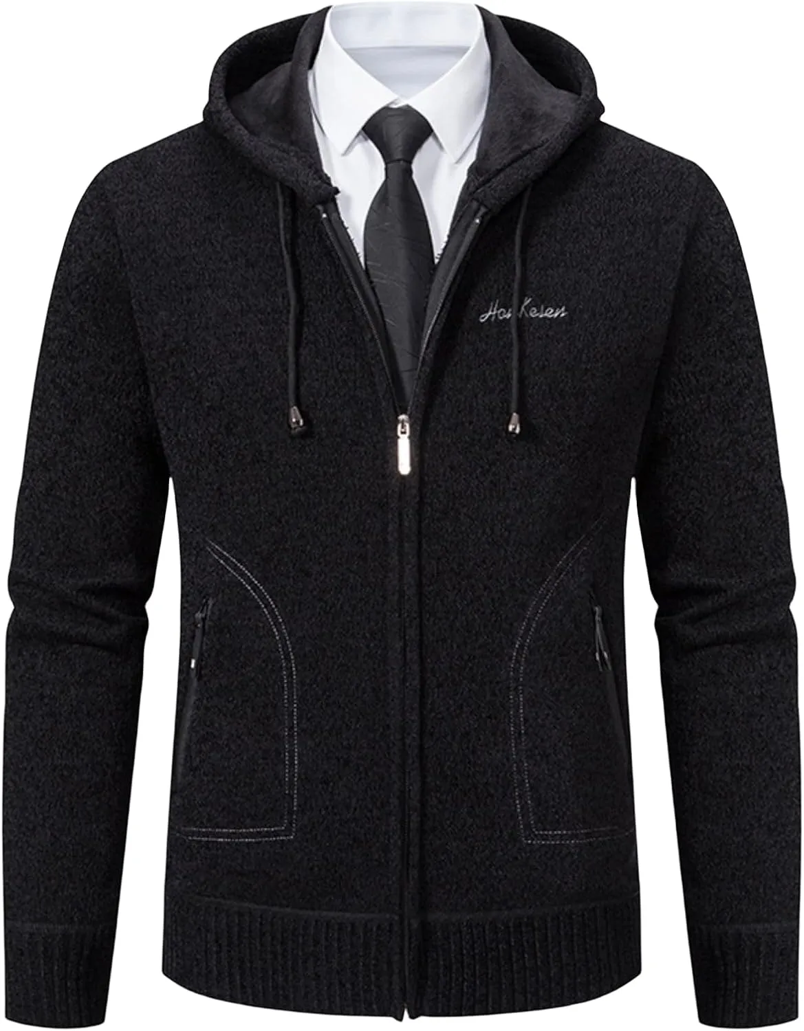 Mens Business Zip up Hooded Jackets Long Sleeve Knitted Cardigan Casual Jacket Slim Warm Wool Coats Trendy Clothes