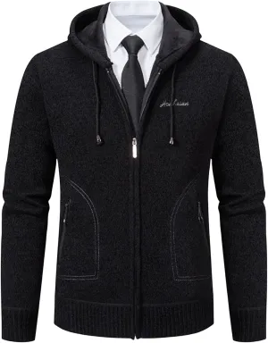Mens Business Zip up Hooded Jackets Long Sleeve Knitted Cardigan Casual Jacket Slim Warm Wool Coats Trendy Clothes