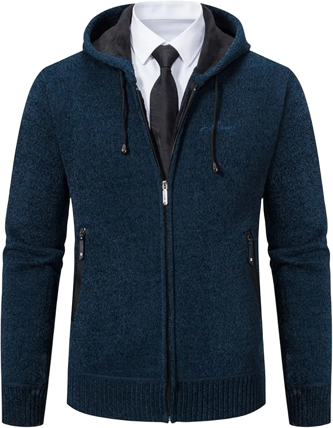 Mens Business Zip up Hooded Jackets Long Sleeve Knitted Cardigan Casual Jacket Slim Warm Wool Coats Trendy Clothes