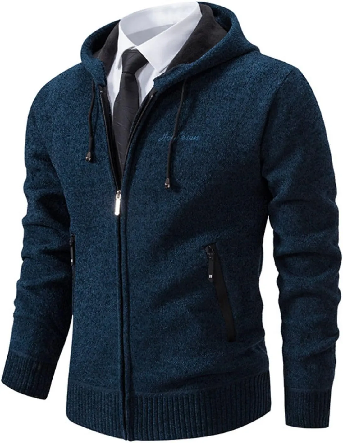 Mens Business Zip up Hooded Jackets Long Sleeve Knitted Cardigan Casual Jacket Slim Warm Wool Coats Trendy Clothes