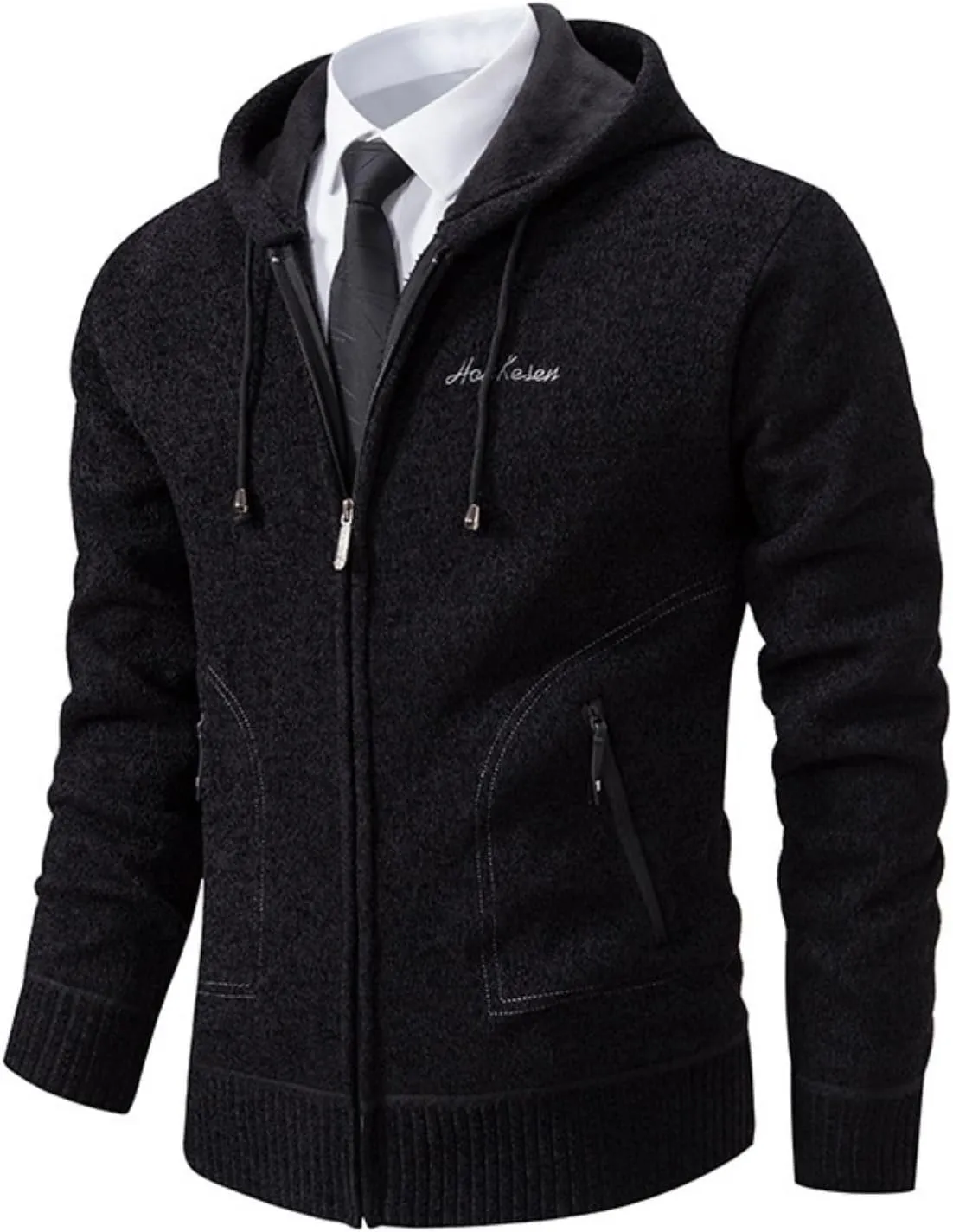Mens Business Zip up Hooded Jackets Long Sleeve Knitted Cardigan Casual Jacket Slim Warm Wool Coats Trendy Clothes