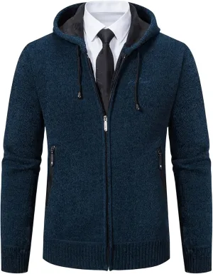 Mens Business Zip up Hooded Jackets Long Sleeve Knitted Cardigan Casual Jacket Slim Warm Wool Coats Trendy Clothes