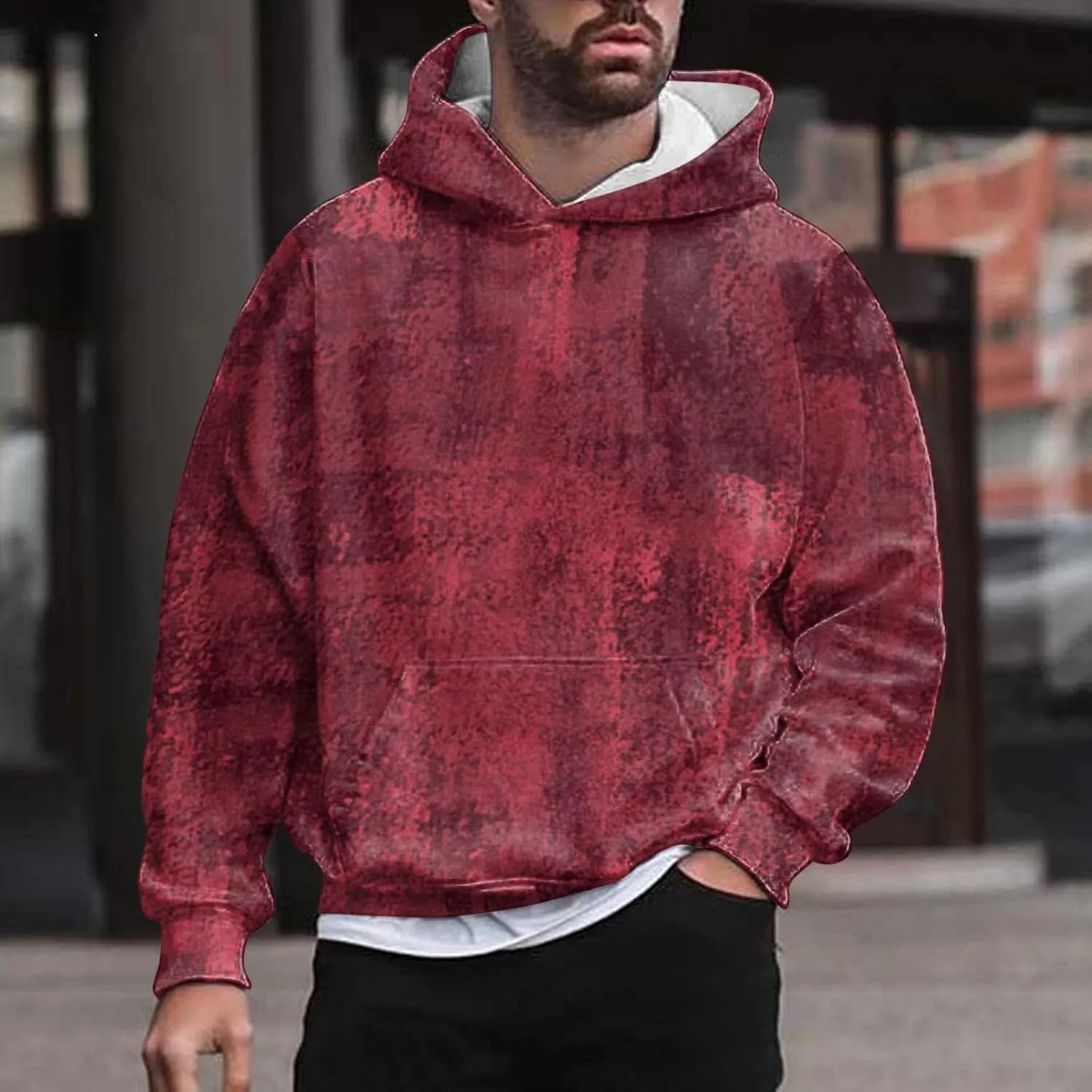 Men's Distressed Print Hoodies Sweatshirt Fashion Hooded Sweatshirts Retro Print Casual Sports Pullover Tops
