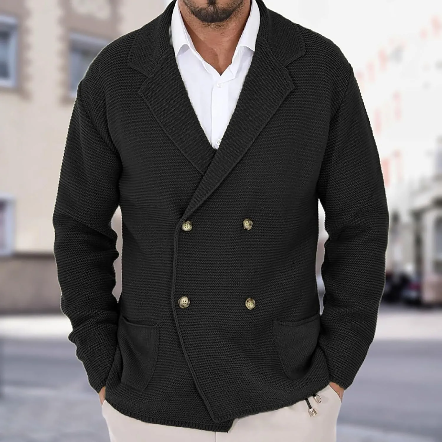 Men's Double Breast Cardigan Sweater Button Down Lightweight Long Sleeve Casual Knit Cardigans Outwear with Pockets