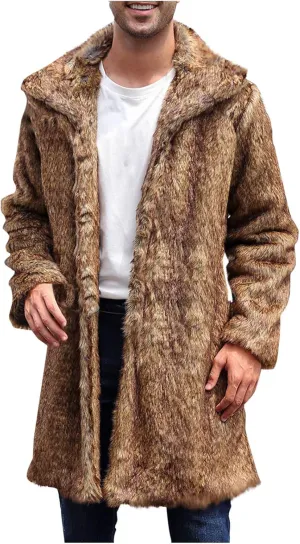 Mens Faux Fur Coat Warm Winter Long Jacket Fluffy Parka Overcoat Open Front Luxury Turn Collar Outerwear with Pockets