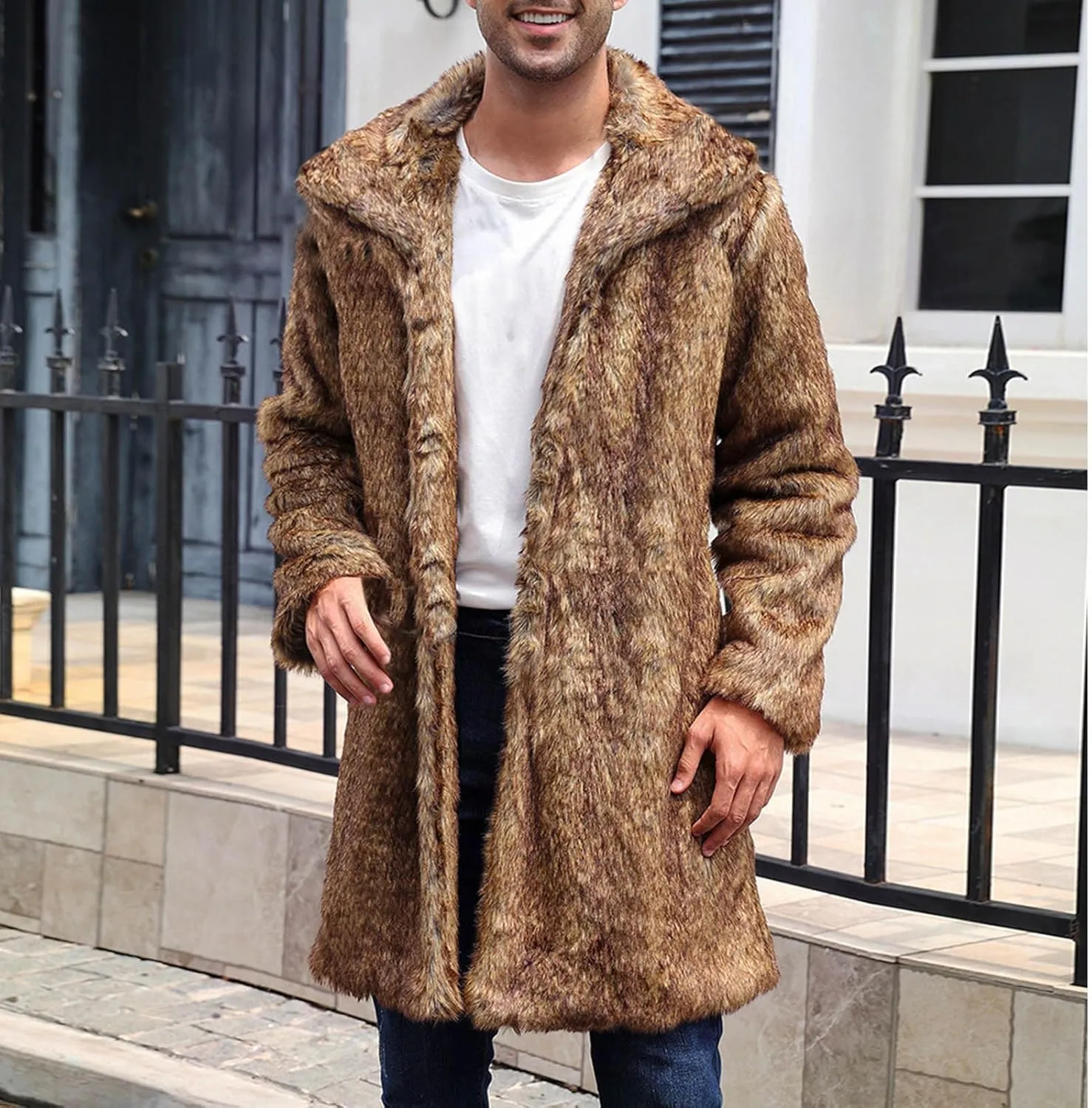 Mens Faux Fur Coat Warm Winter Long Jacket Fluffy Parka Overcoat Open Front Luxury Turn Collar Outerwear with Pockets