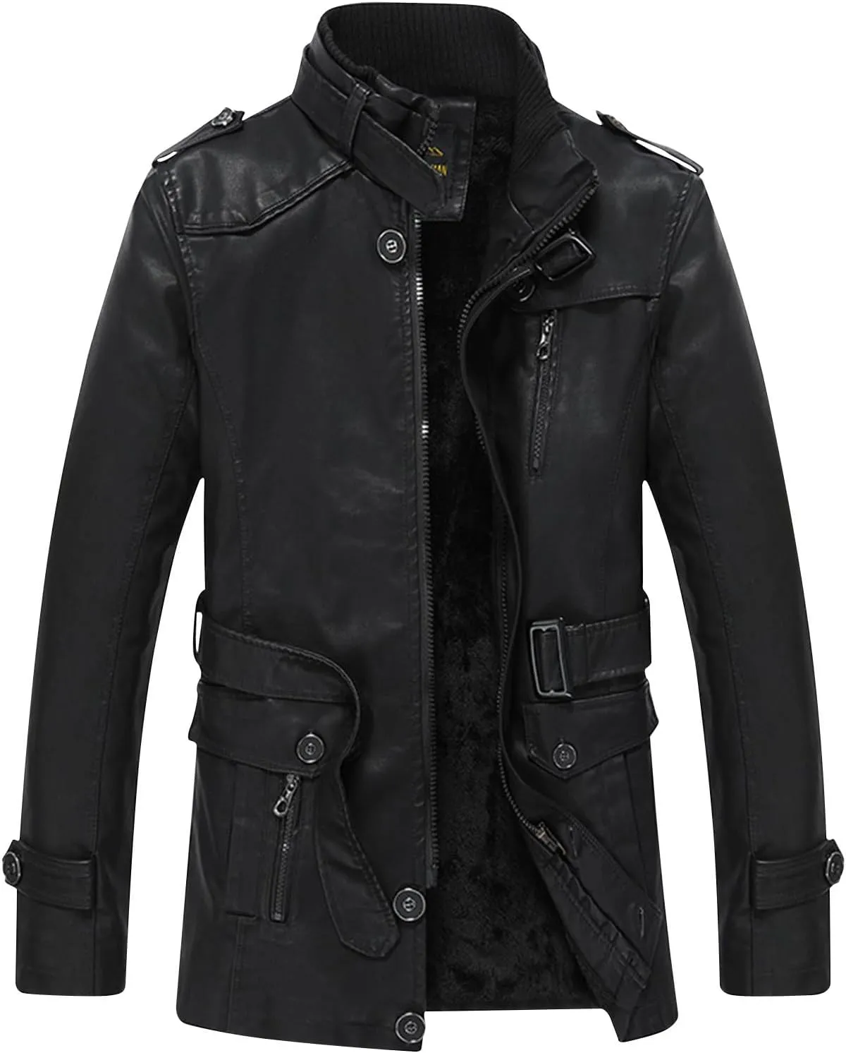 Mens Faux Leather Motorcycle Jackets Heavyweight Fleece Lined Stand Collar Full Zip Bomber Jacket Big & Tall Outwear