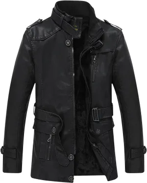 Mens Faux Leather Motorcycle Jackets Heavyweight Fleece Lined Stand Collar Full Zip Bomber Jacket Big & Tall Outwear