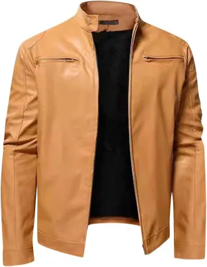 Mens Faux Leather Warm Fleece Zip Up Jacket Stand Collar Leather Motorcycle Jacket Lightweight Bomber Outwear PU Coat