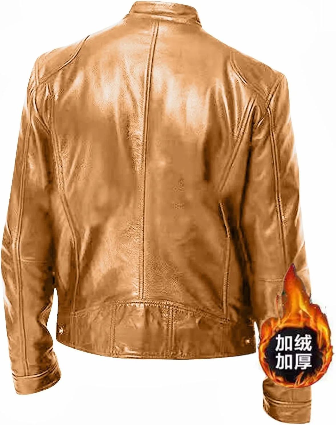 Mens Faux Leather Warm Fleece Zip Up Jacket Stand Collar Leather Motorcycle Jacket Lightweight Bomber Outwear PU Coat