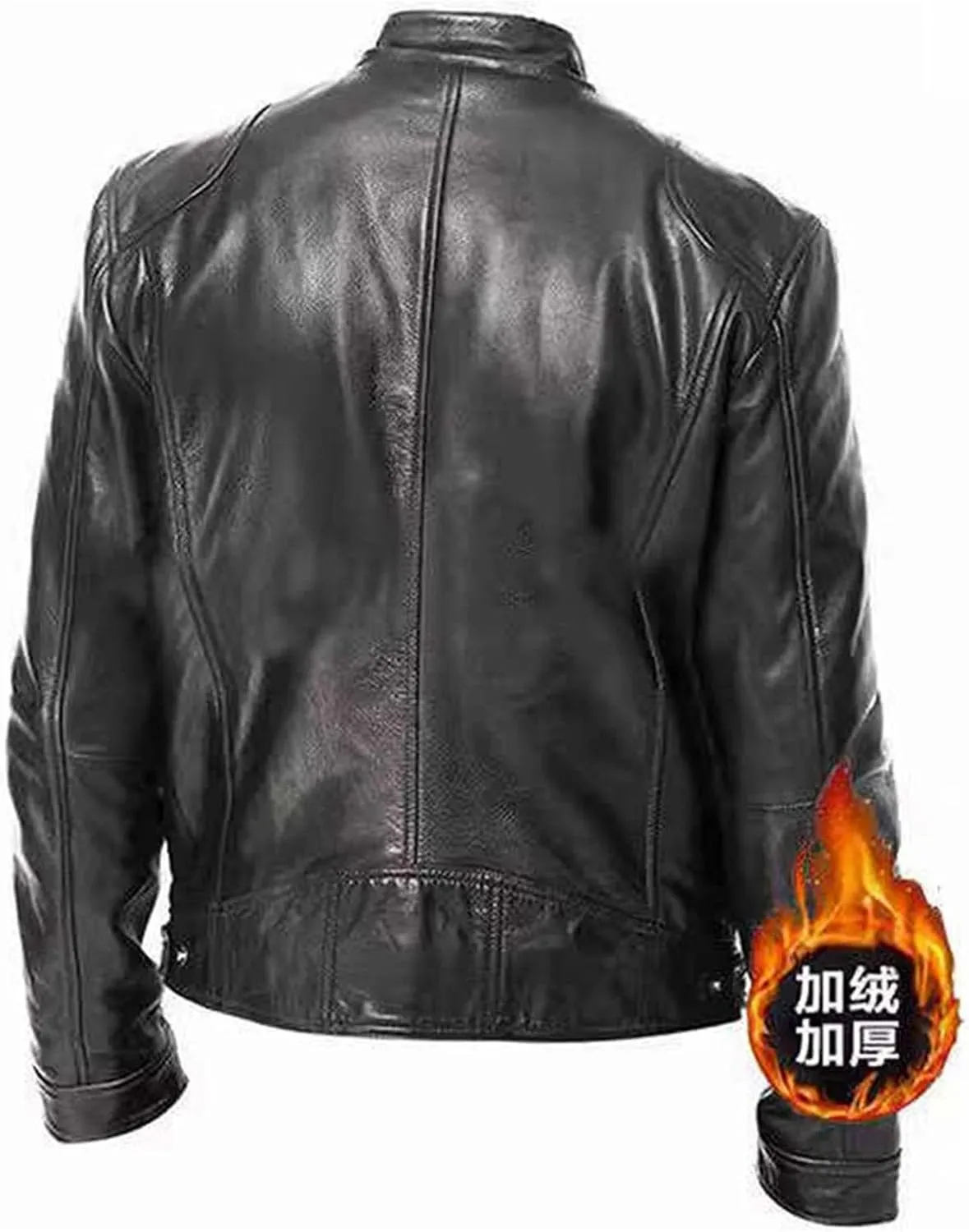 Mens Faux Leather Warm Fleece Zip Up Jacket Stand Collar Leather Motorcycle Jacket Lightweight Bomber Outwear PU Coat