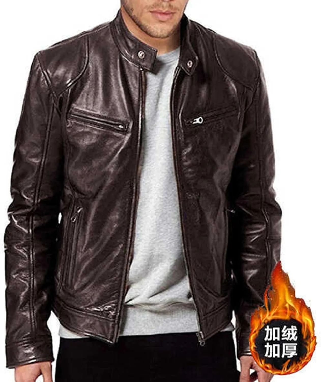 Mens Faux Leather Warm Fleece Zip Up Jacket Stand Collar Leather Motorcycle Jacket Lightweight Bomber Outwear PU Coat