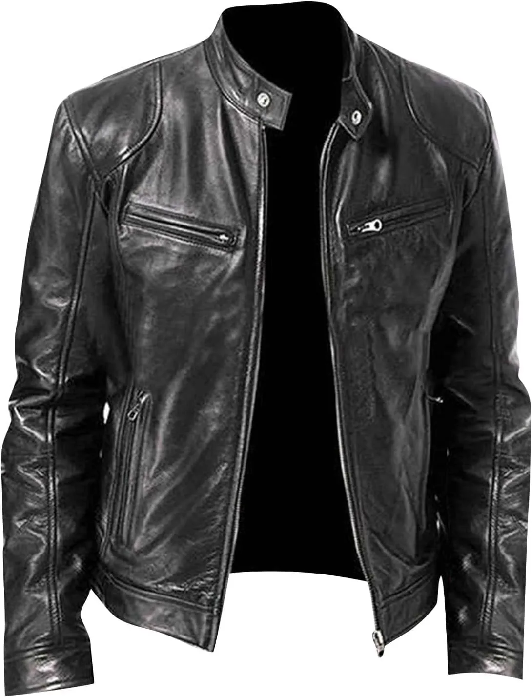 Mens Faux Leather Warm Fleece Zip Up Jacket Stand Collar Leather Motorcycle Jacket Lightweight Bomber Outwear PU Coat