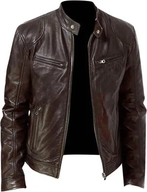 Mens Faux Leather Warm Fleece Zip Up Jacket Stand Collar Leather Motorcycle Jacket Lightweight Bomber Outwear PU Coat