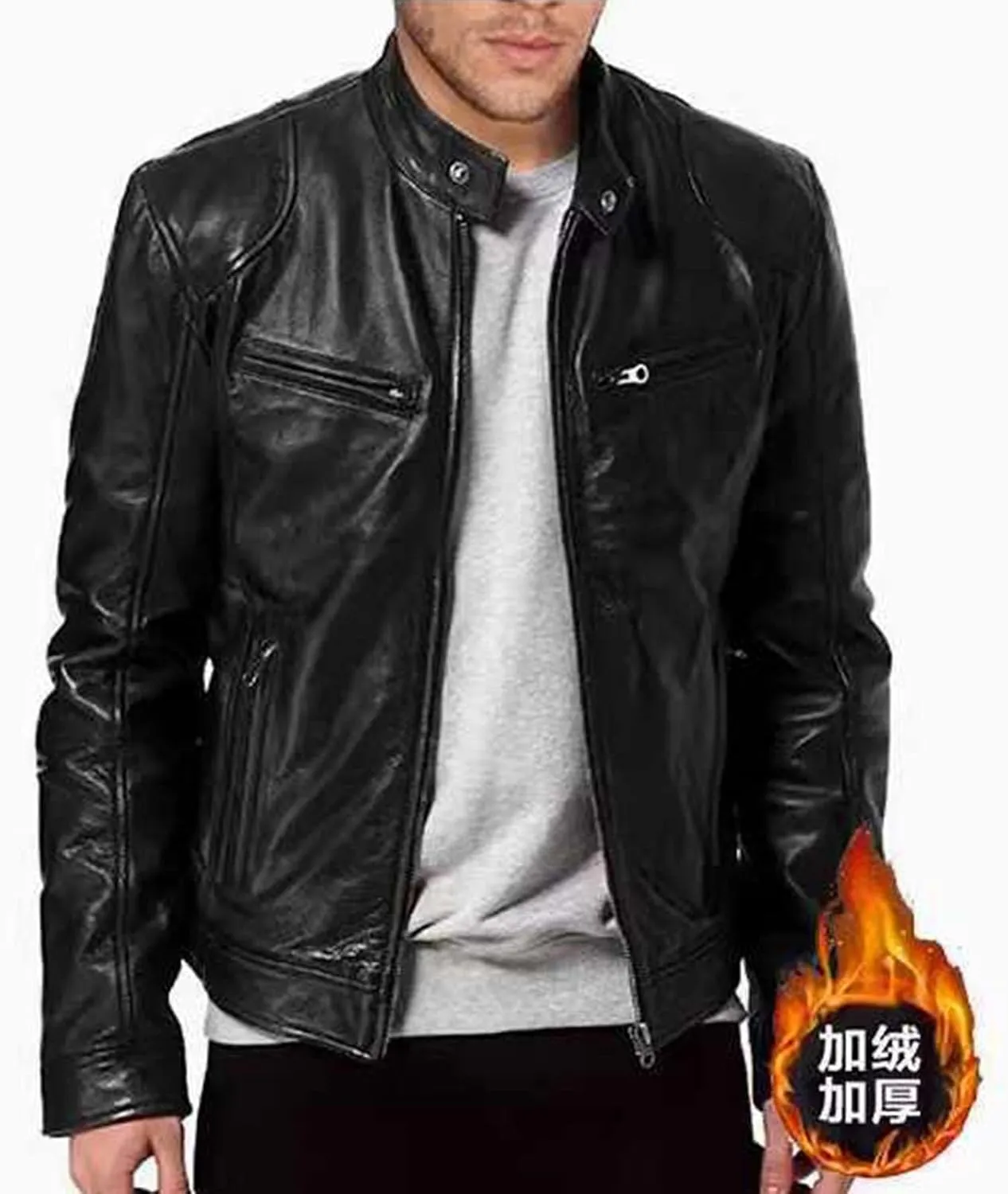 Mens Faux Leather Warm Fleece Zip Up Jacket Stand Collar Leather Motorcycle Jacket Lightweight Bomber Outwear PU Coat