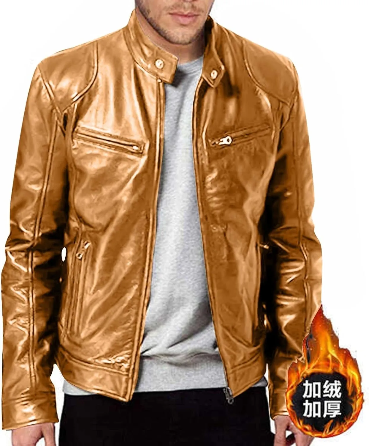 Mens Faux Leather Warm Fleece Zip Up Jacket Stand Collar Leather Motorcycle Jacket Lightweight Bomber Outwear PU Coat