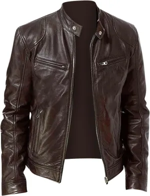 Mens Faux Leather Zip Up Jacket Stand Collar Leather Motorcycle Jacket Lightweight Bomber Outwear PU Coat Zip Pockets