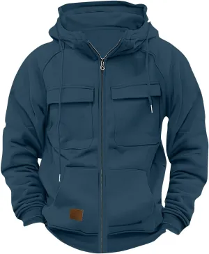Men's Full-Zip Green Hoodie with Multiple Pockets, Soft Fleece, Adjustable Drawstring Hood, Casual Wear