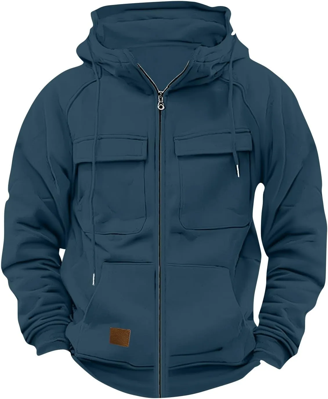 Men's Full-Zip Green Hoodie with Multiple Pockets, Soft Fleece, Adjustable Drawstring Hood, Casual Wear