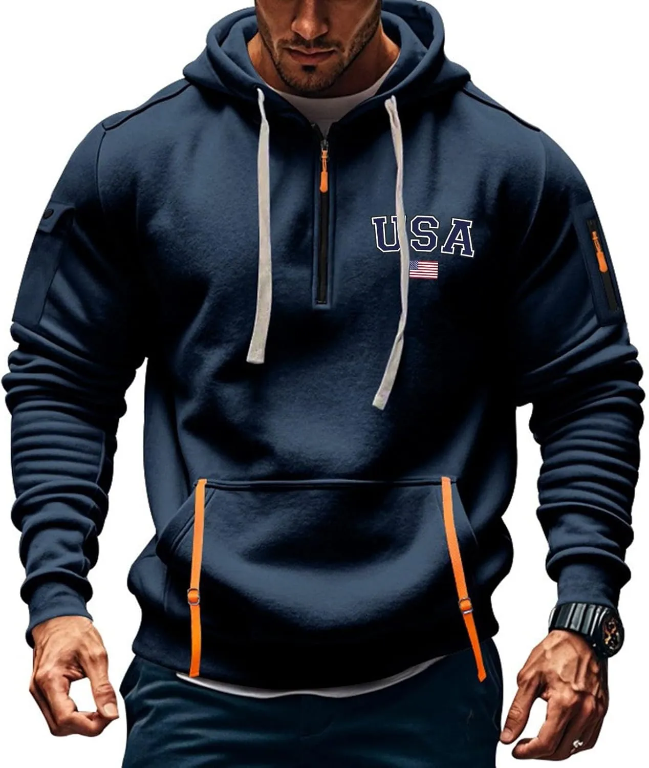 Mens Hoodies Pullover Quarter Zip American Flag Usa Printed Long Sleeve Drawstring Tactical Sweatshirts With Pockets