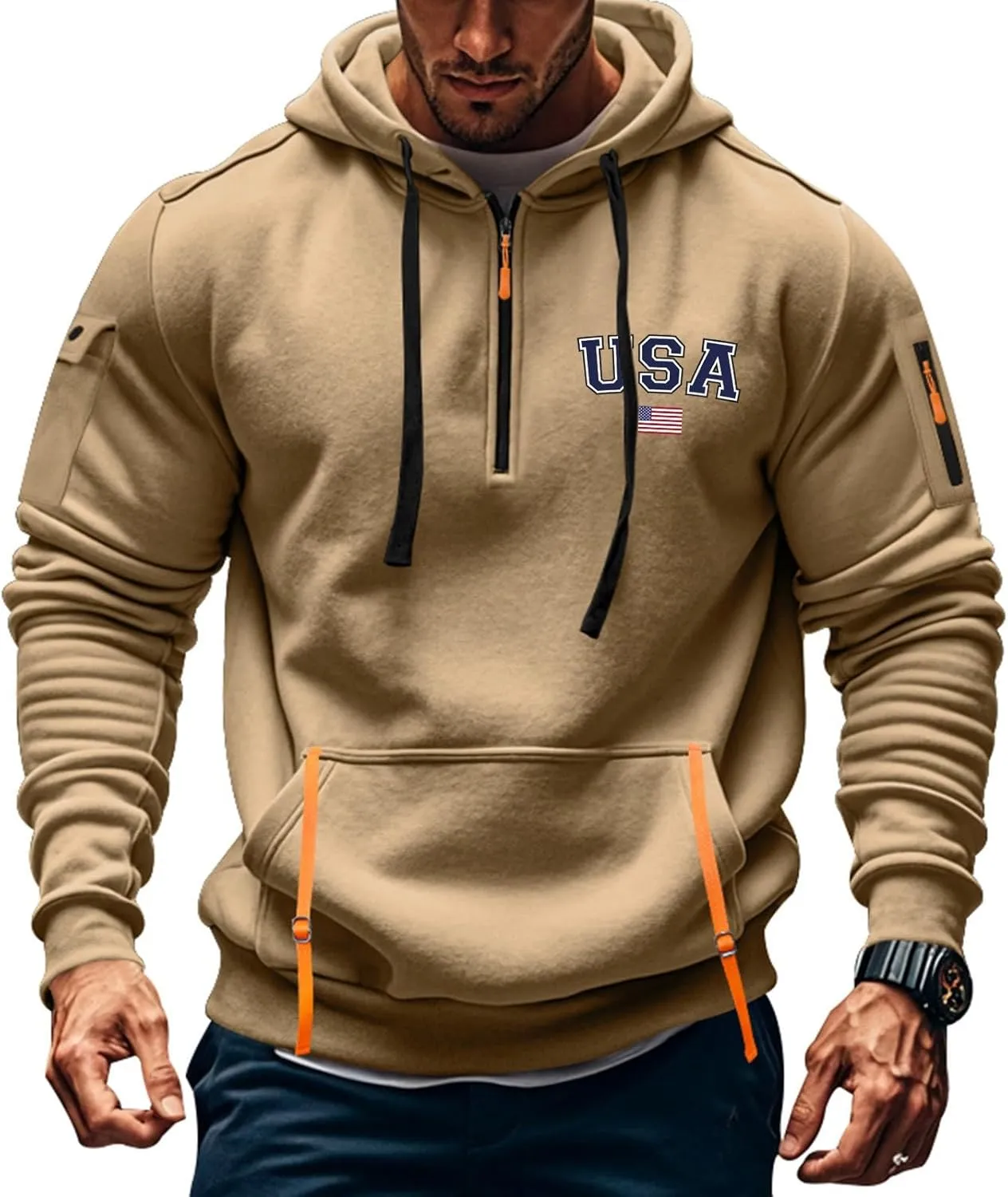 Mens Hoodies Pullover Quarter Zip American Flag Usa Printed Long Sleeve Drawstring Tactical Sweatshirts With Pockets