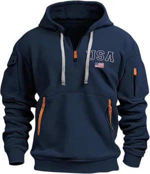 Mens Hoodies Pullover Quarter Zip American Flag Usa Printed Long Sleeve Drawstring Tactical Sweatshirts With Pockets
