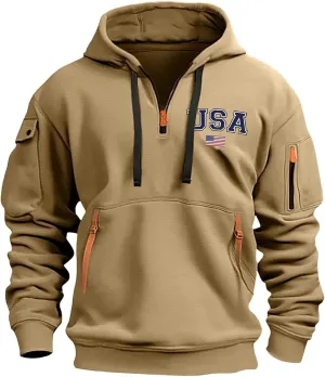 Mens Hoodies Pullover Quarter Zip American Flag Usa Printed Long Sleeve Drawstring Tactical Sweatshirts With Pockets