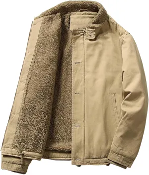 Men's Jacket with Fur Collar Fleece Sherpa Lined Warm Cargo Coat Casual Full Zip Winter Parka Outwear with Pockets