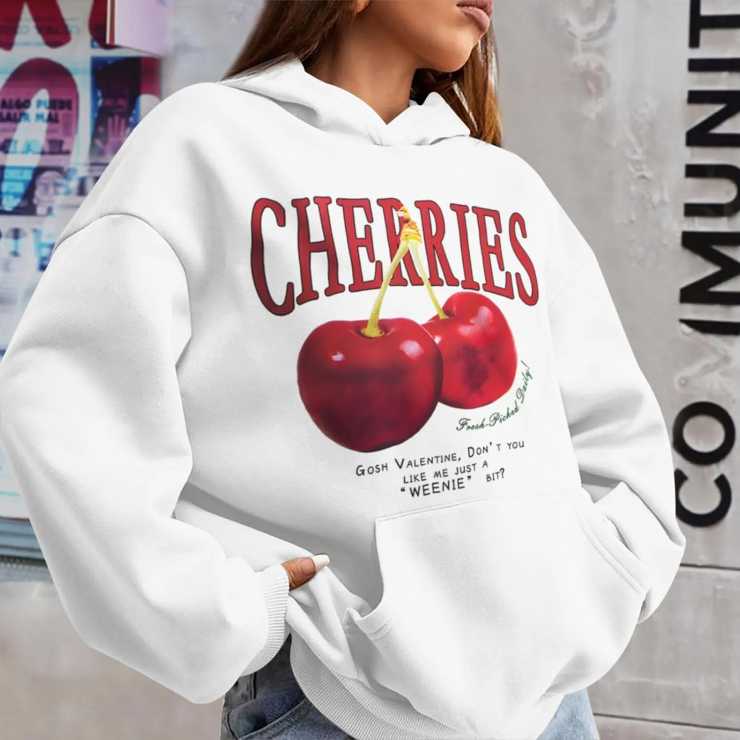 Mens Oversized Cherry Graphic Hoodies Vintage Cherries Printed Streetwear Sweatshirt Fleece Aesthetic Baggy Pullover
