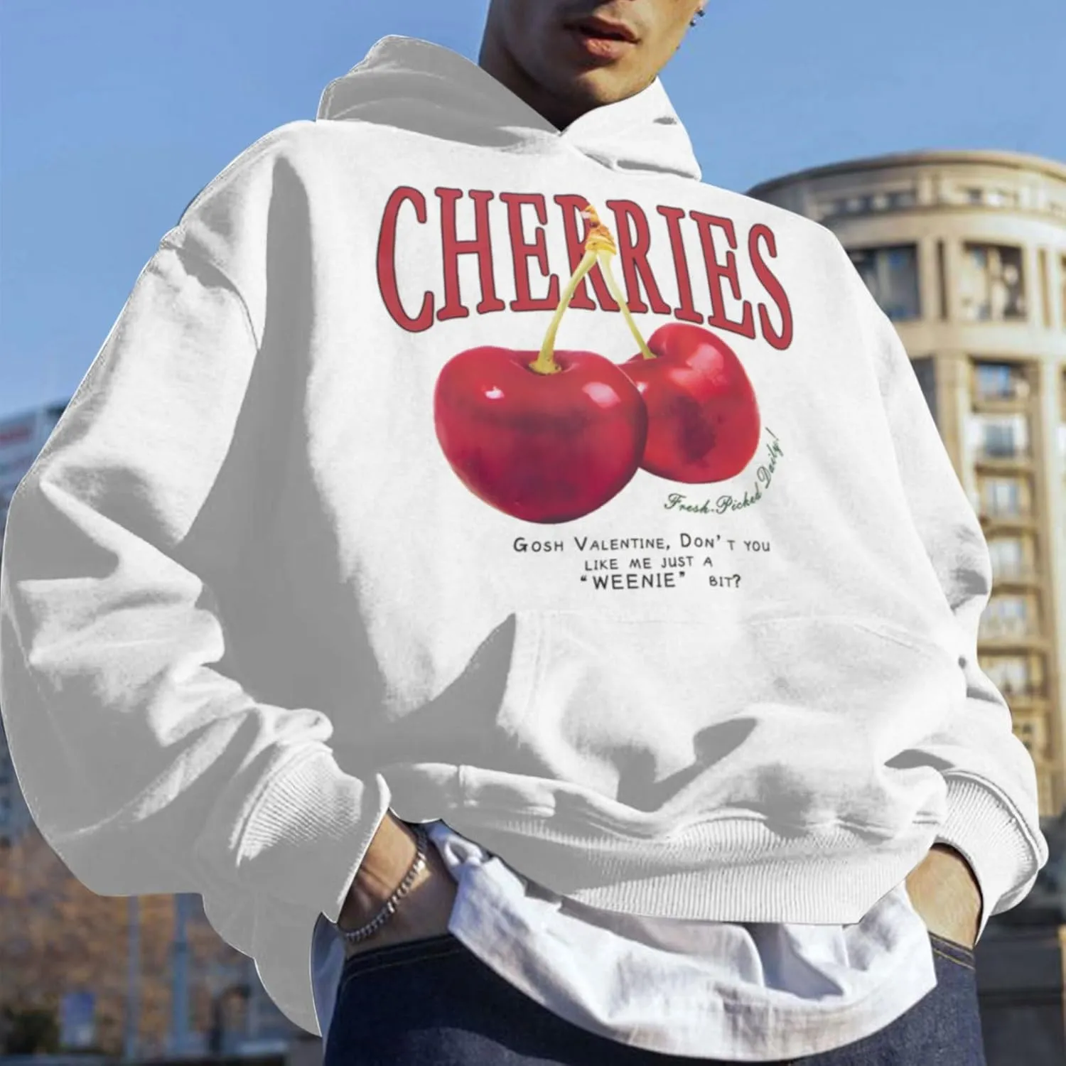 Mens Oversized Cherry Graphic Hoodies Vintage Cherries Printed Streetwear Sweatshirt Fleece Aesthetic Baggy Pullover