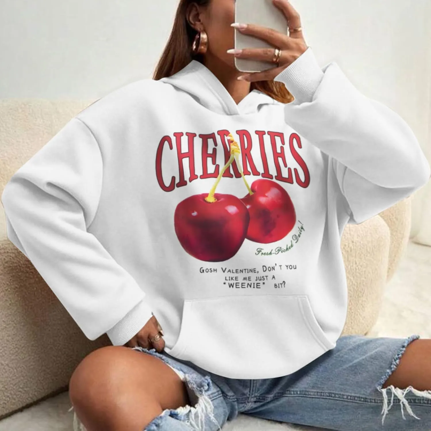 Mens Oversized Cherry Graphic Hoodies Vintage Cherries Printed Streetwear Sweatshirt Fleece Aesthetic Baggy Pullover